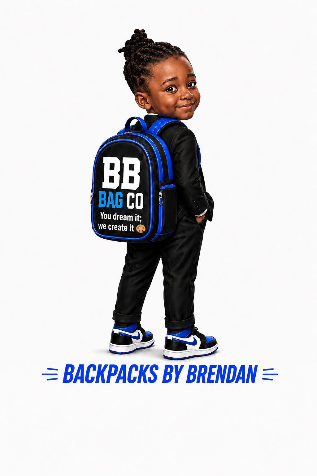 BB Bag Co logo: Brendan with locs carrying a blue and black backpack, with Backpacks by Brendan underneath